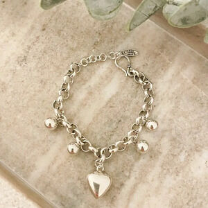 925 Sterling Silver Chunky Bead Ball Bracelet Silver Modern Heart Bracelet